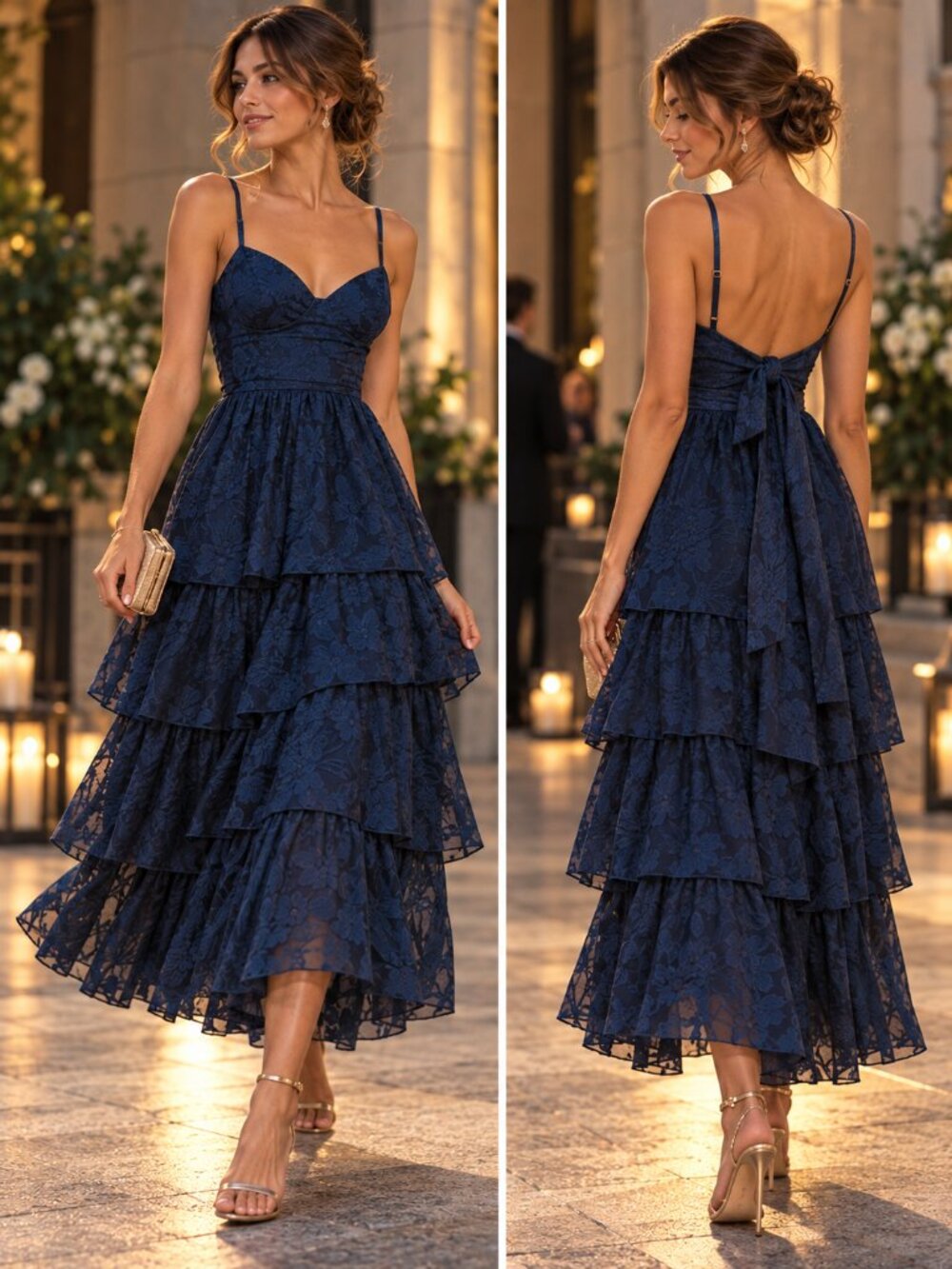AZAZIE Navy Floral Jacquard Tiered Maxi Dress Size A12 – Spaghetti Strap
